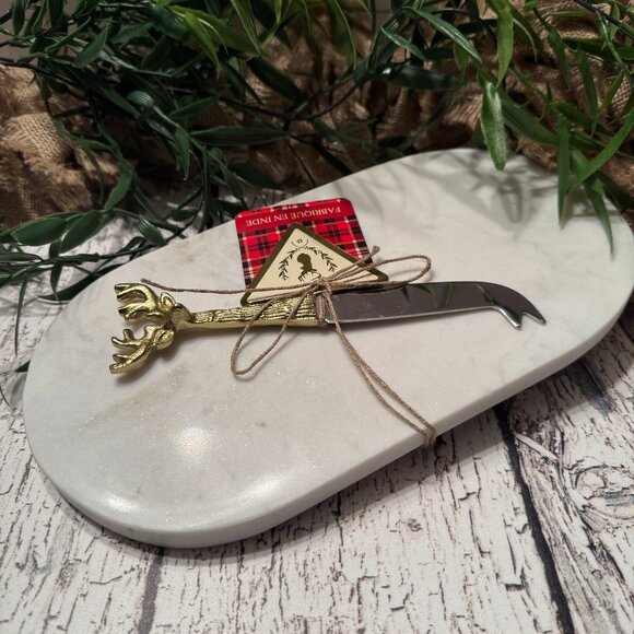 NWT Marble Cheese Board with Holiday Knife White Gold - Picture 1 of 2